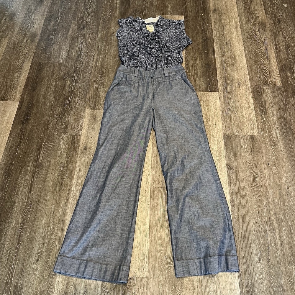 Athropology Elevenses Size 8 Sleeveless Polka Dot Jumpsuit Cotton Blend Blue